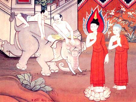The Buddha subdues a raging elephant